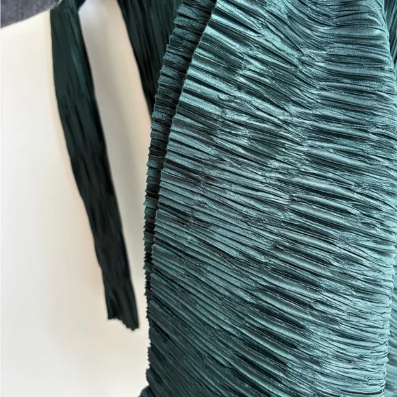 Zara Pleated Maxi Dress Green Long Sleeve Sculptural Textured Size M - Picture 5 of 7